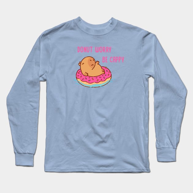 Capybara on a donut floater Long Sleeve T-Shirt by manydoodles